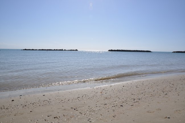 Spiaggia sabbiosa e mare calmo sotto il sole.