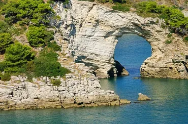 Arco naturale di roccia sopra il mare con vegetazione verde.