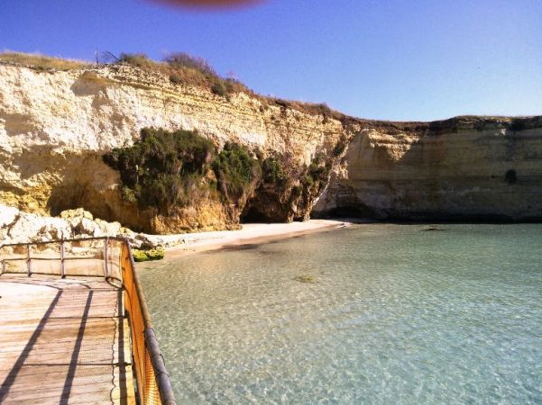 Una spiaggia con scogliere bianche e un pontile di legno che si affaccia su acque limpide.