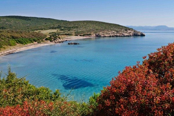 Spiaggia deserta con mare calmo, circondata da vegetazione verde e rocce.