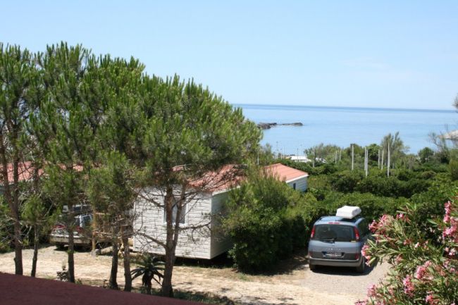 Vista su una casa mobile tra alberi e auto, con mare sullo sfondo.