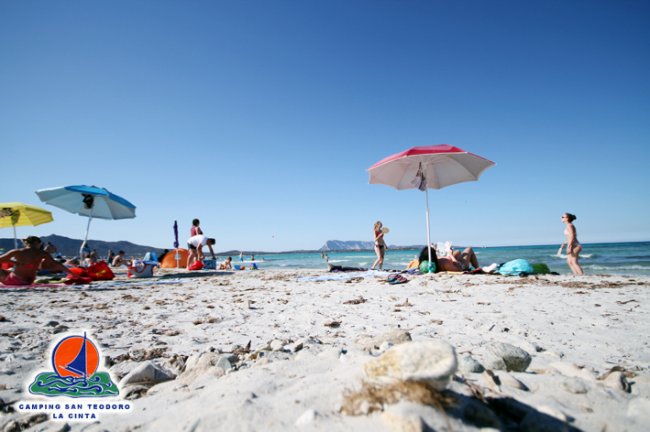 Spiaggia con ombrelloni e persone in riva al mare.