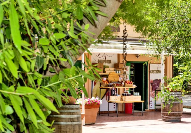 Chiosco con prodotti alimentari e piante verdi.