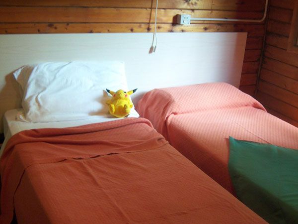 Due letti singoli con coperte arancioni e un peluche giallo tra i cuscini.