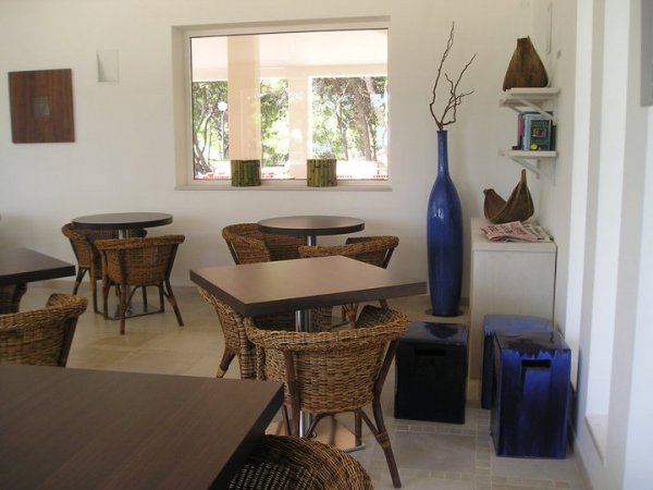 Una sala con tavoli in legno e sedie in vimini, decorata con vasi blu.