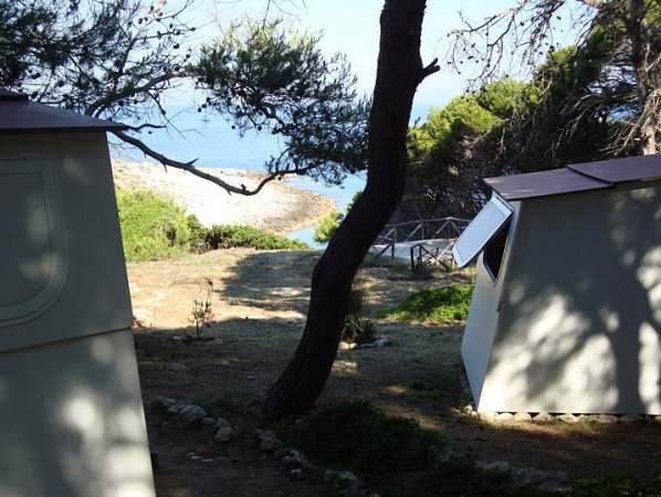 Due cabine tra gli alberi con vista sul mare.