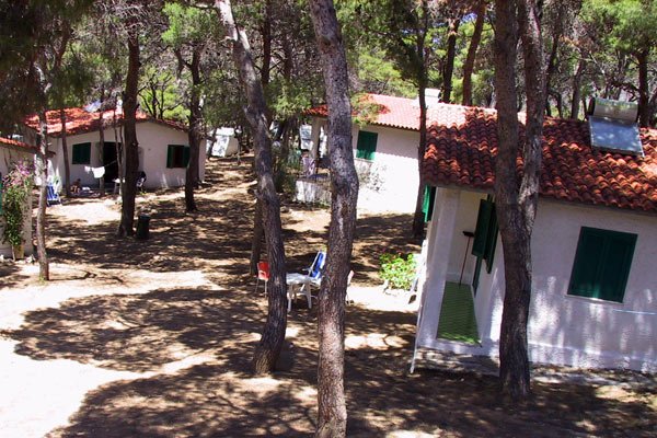 Complesso di casette bianche tra alberi, con tetti rossi e ombra sul terreno.