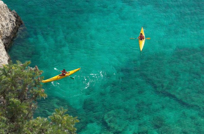 Due kayak gialli in acqua trasparente, remati da persone, con vegetazione sulla sinistra.
