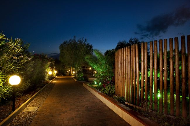 Sentiero illuminato di notte con vegetazione e recinzione in legno.