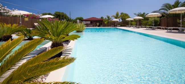 Piscina con palme e ombrelloni bianchi.