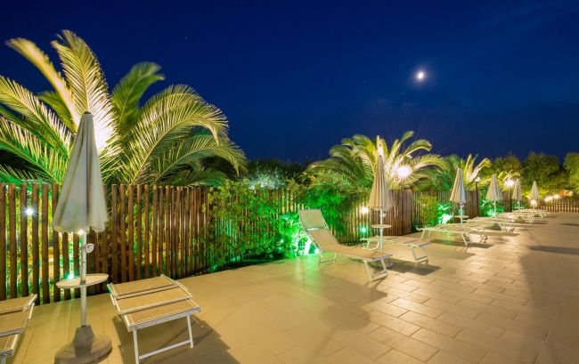 Lettini e ombrelloni accanto a palme illuminate di notte.