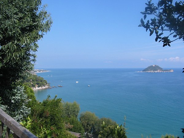 Vista panoramica del mare azzurro con un'isoletta all'orizzonte.