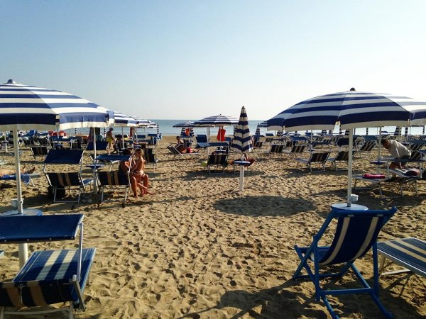 Spiaggia con sabbia, sedie a sdraio e ombrelloni.