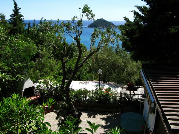 Vista mare con vegetazione e barbecue.