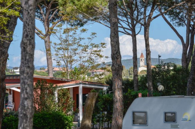 Un campeggio con alberi e una chiesa sullo sfondo.