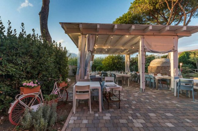 Tavoli all'aperto sotto una tettoia vicino a un forno.