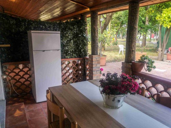 Frigorifero e tavolo con fiori su veranda.