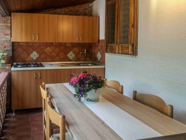 Cucina esterna con tavolo, fiori e armadietti in legno.