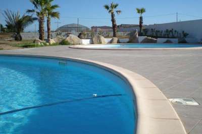 Piscina curva con palme e rocce decorative.