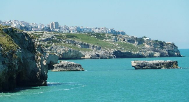 Scogliera verde e mare blu con città sullo sfondo.