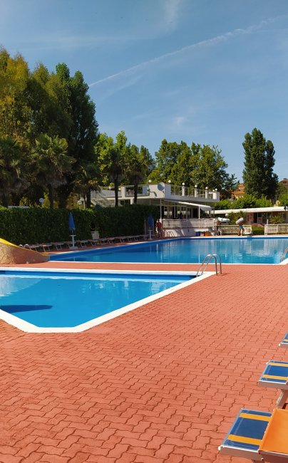 Piscina vuota al sole con sdraio e alberi sullo sfondo.