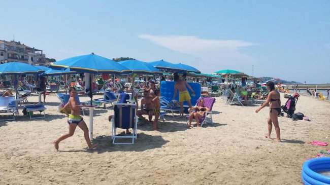 Persone sotto ombrelloni blu su una spiaggia affollata.
