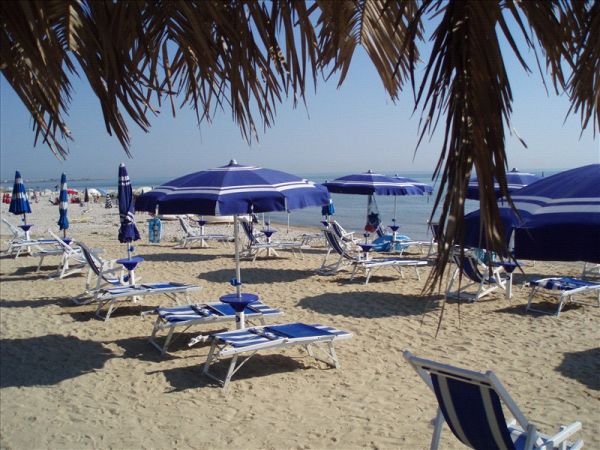 Spiaggia sabbiosa con lettini e ombrelloni blu.