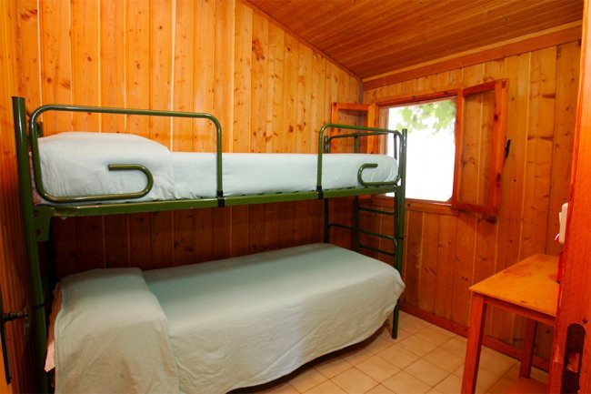 Camera con letti a castello, pareti in legno.
