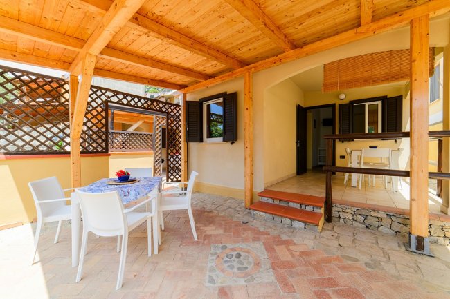 Terrazza coperta con tavolo e sedie bianche.