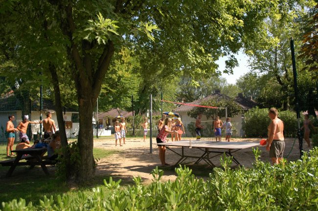 Persone giocano a ping pong e pallavolo all'aperto.