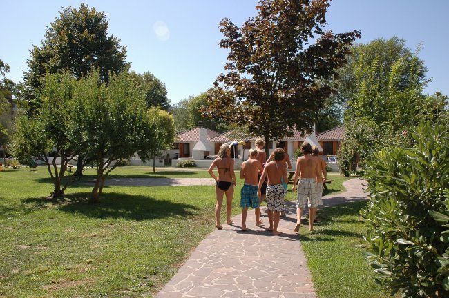 Persone camminano su un vialetto in un giardino.