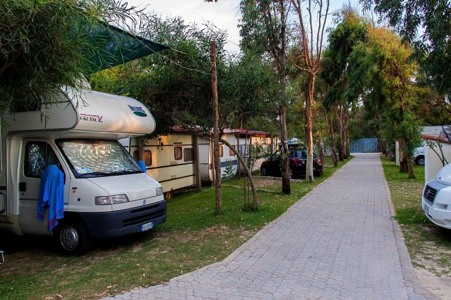 Camper parcheggiato in un'area camping con alberi e vialetto.