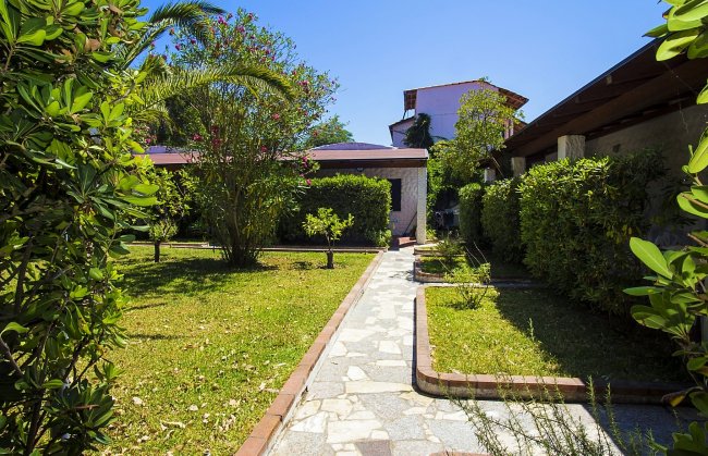 Giardino curato con sentiero e vegetazione varia.