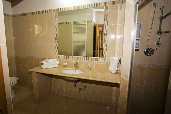 Bagno moderno, con ampio specchio, doccia e lavandino, rivestito in piastrelle beige.