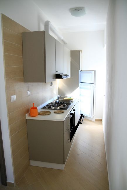 Cucina stretta con arredi moderni e frigorifero.
