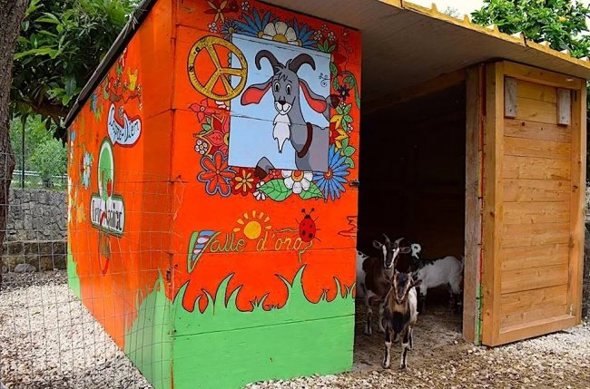 Capanno arancione decorato con disegni colorati e capre.