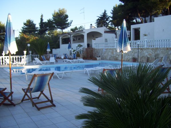 Piscina con sdraio e ombrelloni.