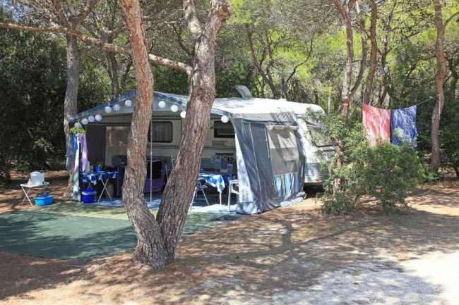 Roulotte con tenda e sedie in un bosco.