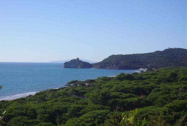 Costa con mare e colline verdi.