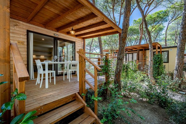 Chalet in legno con veranda immerso nel bosco.