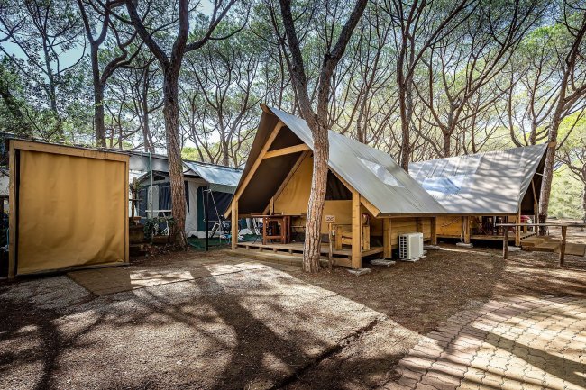 Tende in legno in un bosco.