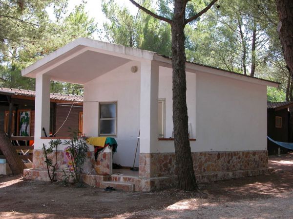 Bungalow bianco con tetto a spiovente, situato tra gli alberi.