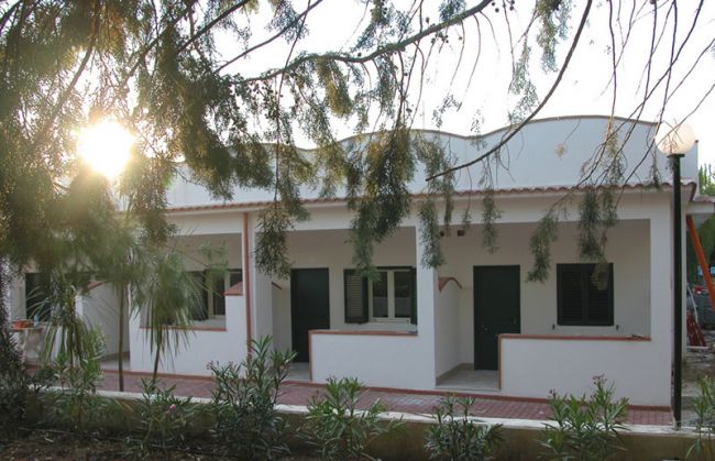 Edifici bianchi con tetto piatto, porte e finestre verdi, con piante in primo piano.