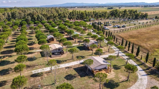 File di bungalow tra alberi su sentieri sterrati.