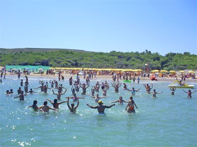 Un gruppo di persone si diverte in mare, con la spiaggia piena di ombrelloni sullo sfondo.