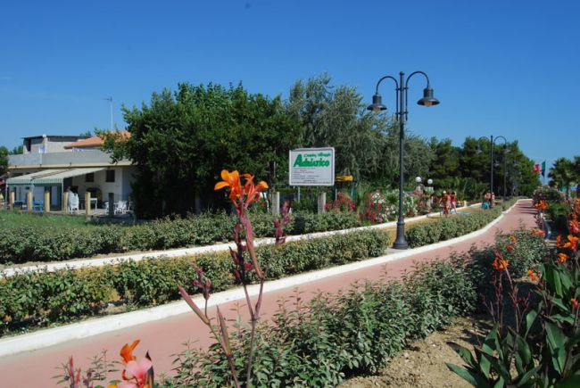 Vialetto fiorito con lampioni e giardino.