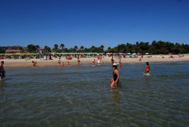 Persone giocano nell'acqua vicino alla spiaggia affollata.