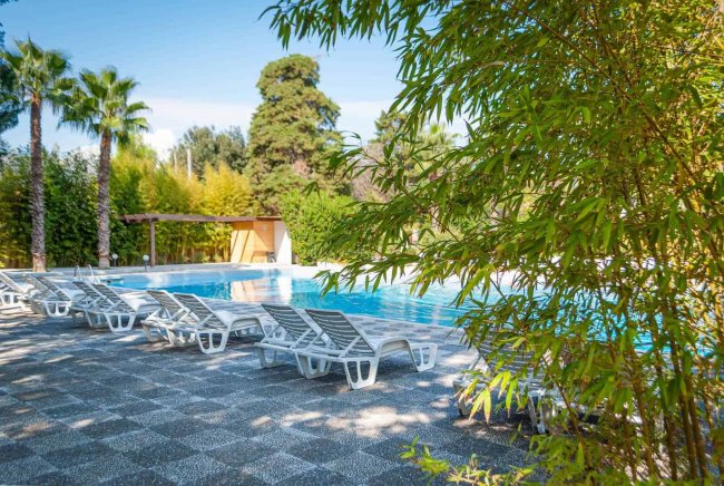 Piscina con lettini bianchi circondata da vegetazione.