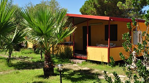 Bungalow giallo con veranda e palme intorno.