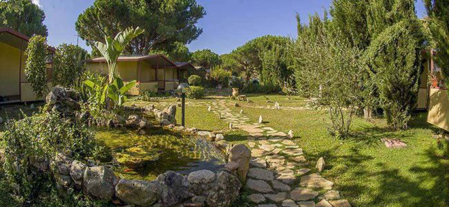 Giardino con vialetto e stagno.